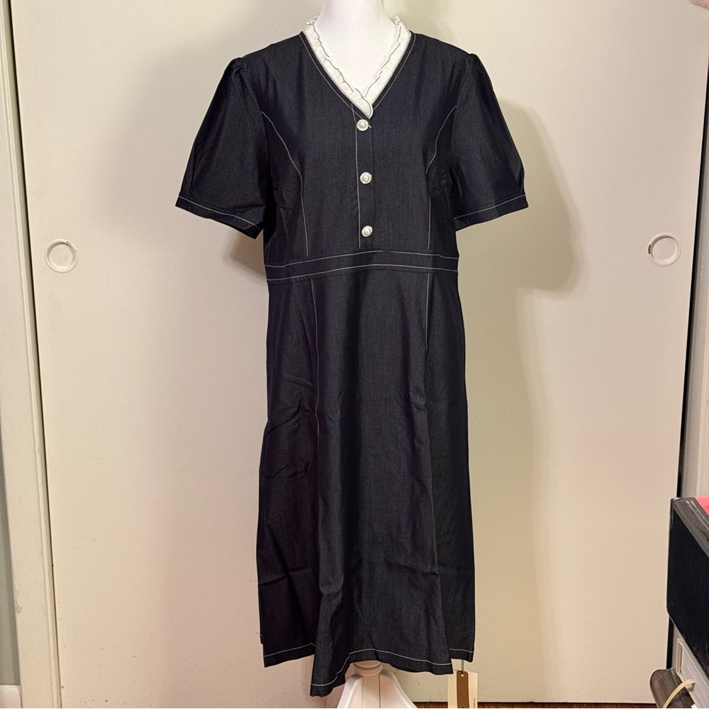 Denim A-Line V-Neckline Midi Dress with Pearl and Crystal Buttons and Decoration